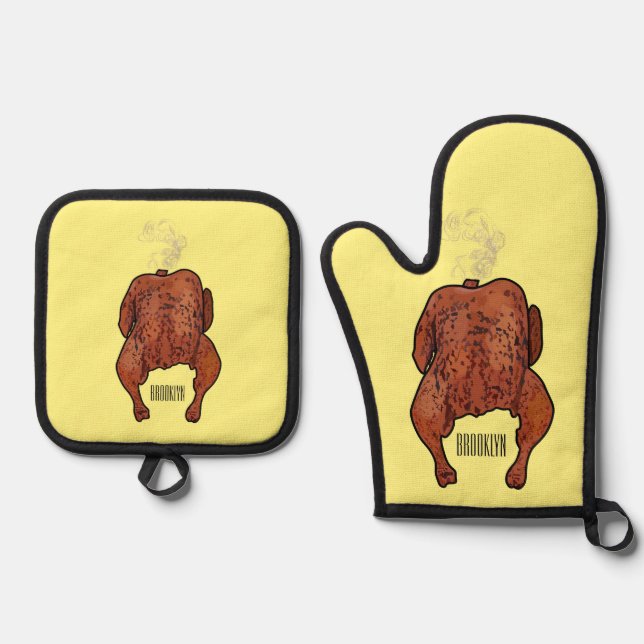 Roast chicken cartoon illustration  oven mitt & pot holder set (Front)