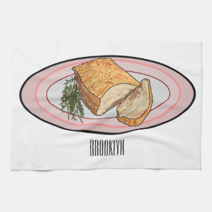 Roast pork belly cartoon illustration tea towel
