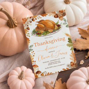 Roast Turkey Autumn Leaves Thanksgiving Invite