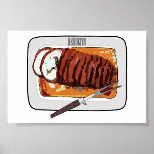 Roast turkey breast cartoon illustration poster