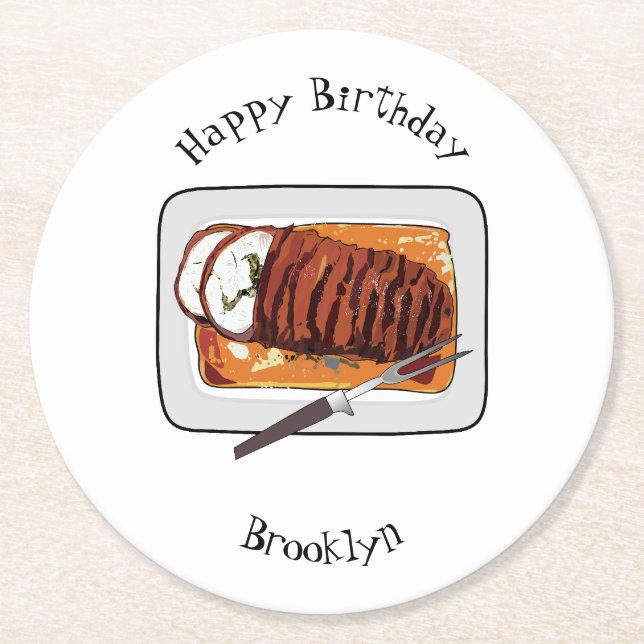 Roast turkey breast cartoon illustration round paper coaster (Front)