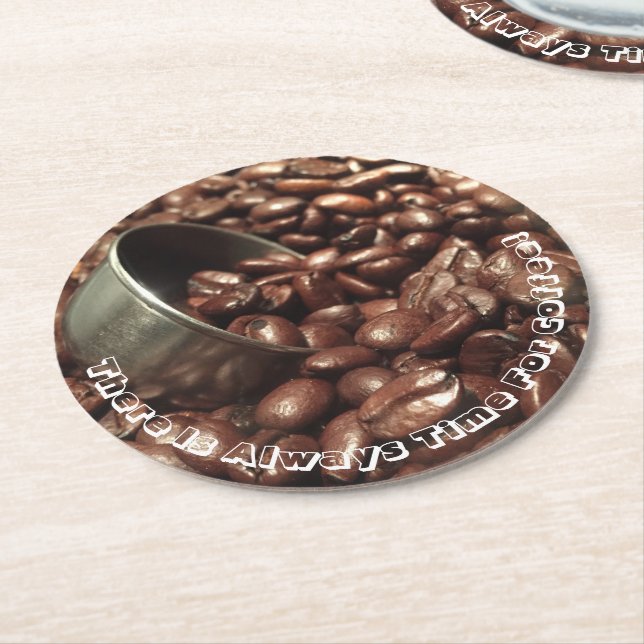 Roasted Coffee Beans Silver Scoop Photo Custom Round Paper Coaster (Angled)