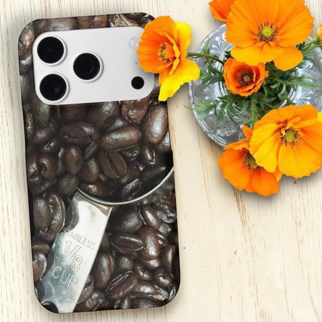Roasted Coffee Beans With Silver Scoop Photograph (Fun coffee lover coffee bean and scoop photograph iPhone case.)