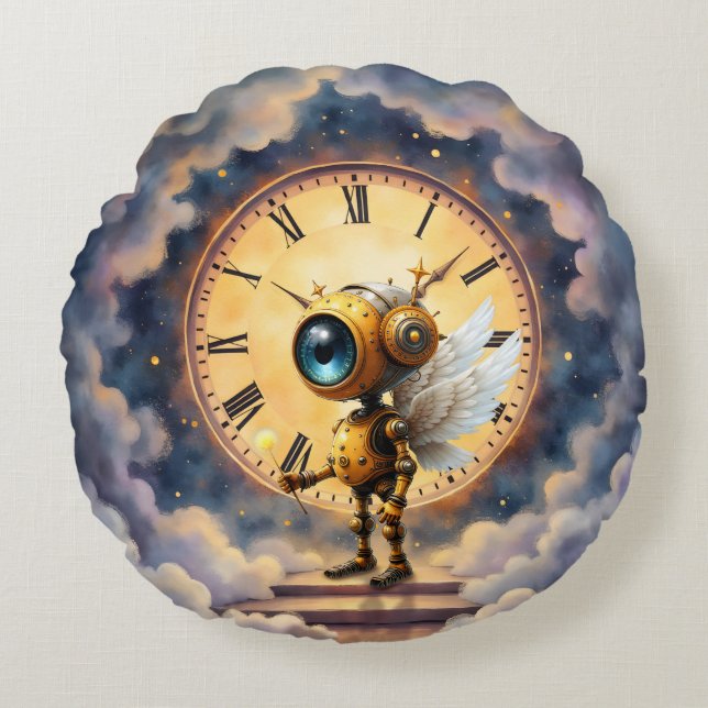 Robby the Winged Timekeeper – Wings of Time Series Round Cushion (Front)
