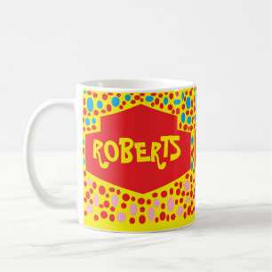 Roberts best with red yellow patterns and dots coffee mug