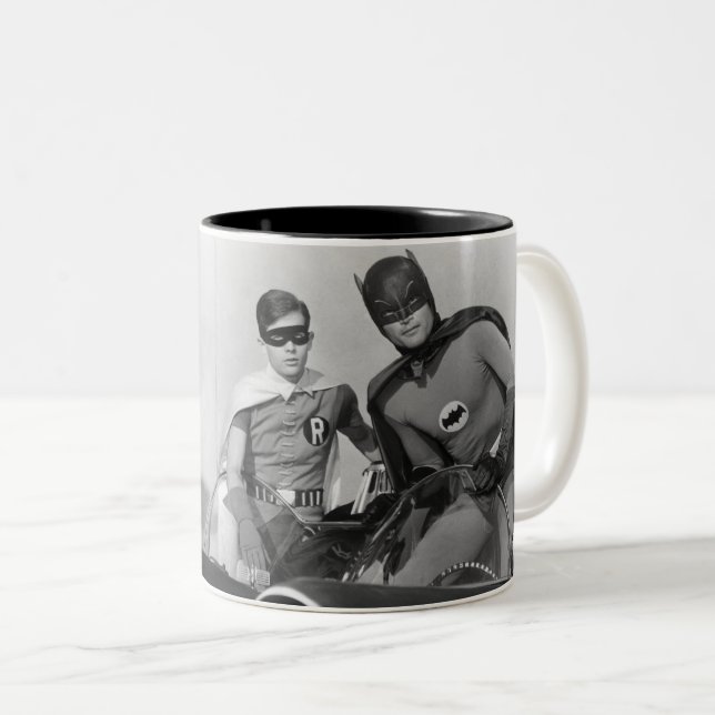 Robin and Batman Standing in Batmobile Two-Tone Coffee Mug (Front Right)