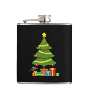 Robin And Colorful Presents Under Christmas Tree Hip Flask