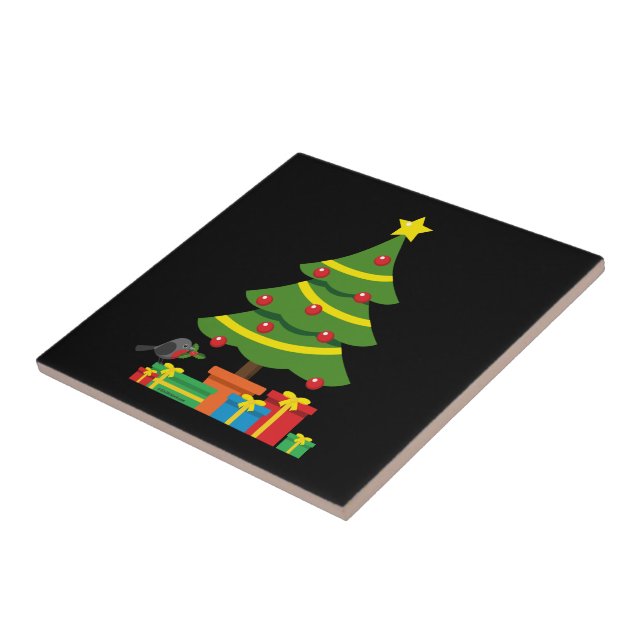 Robin And Colourful Presents Under Christmas Tree Ceramic Tile (Side)