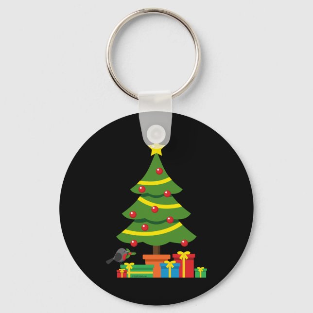 Robin And Colourful Presents Under Christmas Tree Key Ring (Front)