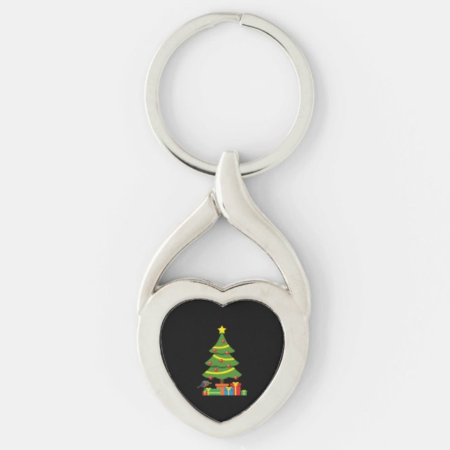 Robin And Colourful Presents Under Christmas Tree Key Ring (Front)