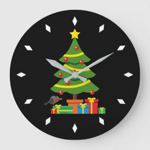 Robin And Colourful Presents Under Christmas Tree Large Clock