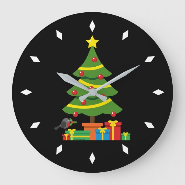 Robin And Colourful Presents Under Christmas Tree Large Clock (Front)