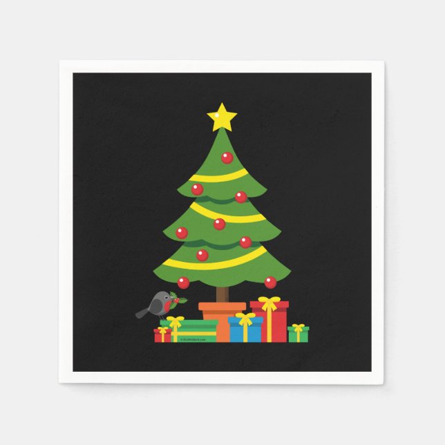 Robin And Colourful Presents Under Christmas Tree Napkin (Front)