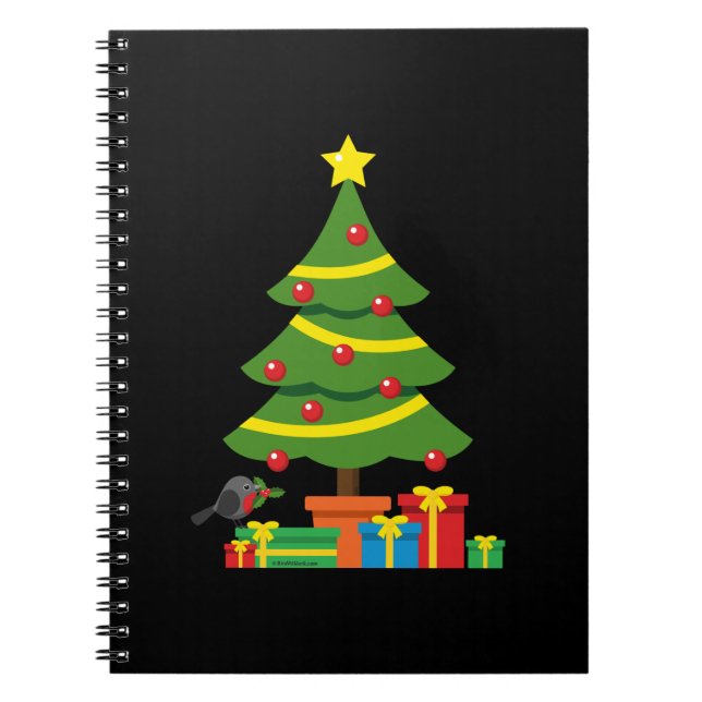 Robin And Colourful Presents Under Christmas Tree Notebook (Front)