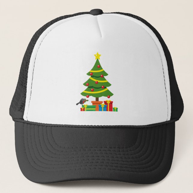 Robin And Colourful Presents Under Christmas Tree Trucker Hat (Front)