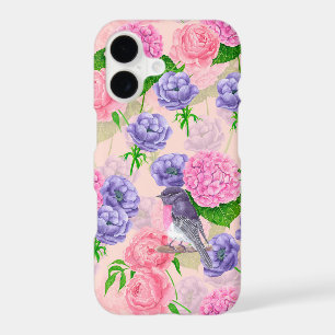 Robin and flowers, watercolor pattern