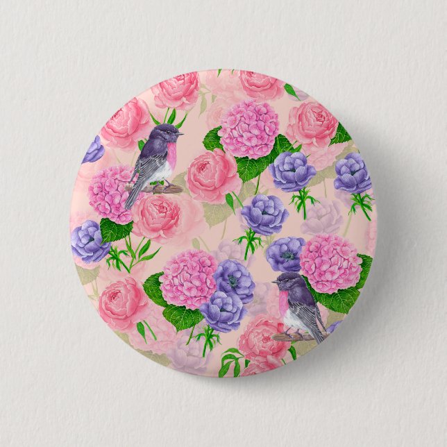 Robin and flowers, watercolor pattern 6 cm round badge (Front)
