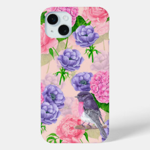 Robin and flowers, watercolor pattern iPhone 15 mini case