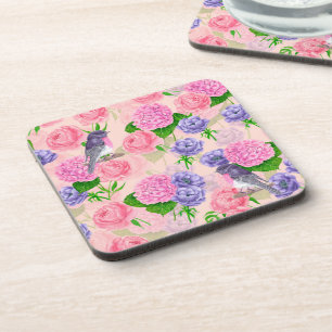 Robin and flowers, watercolor pattern coaster