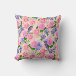 Robin and flowers, watercolor pattern cushion