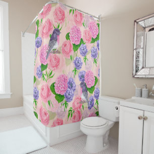 Robin and flowers, watercolor pattern shower curtain