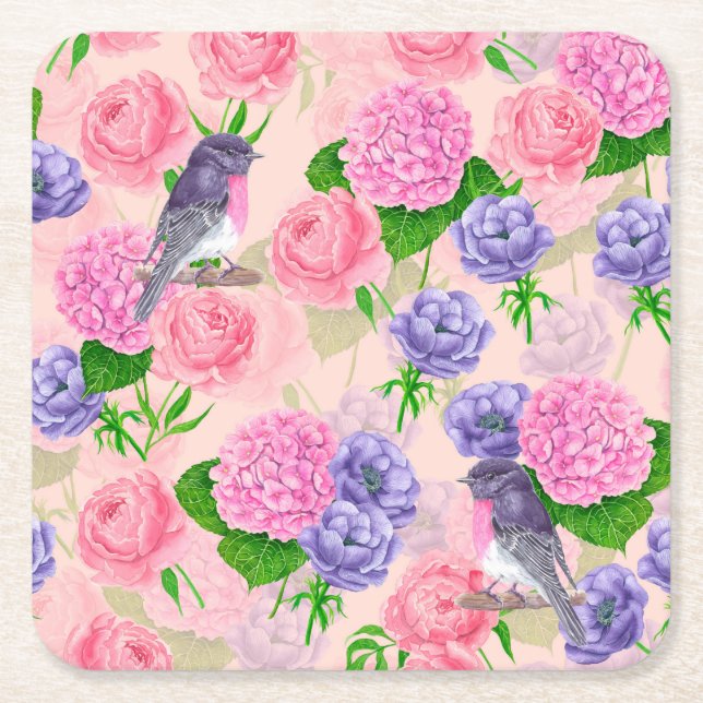 Robin and flowers, watercolor pattern square paper coaster (Front)