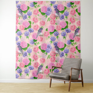 Robin and flowers, watercolor pattern tapestry