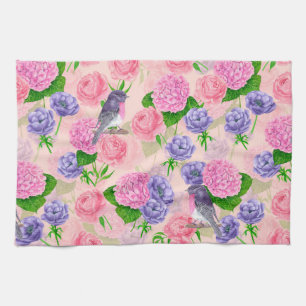 Robin and flowers, watercolor pattern tea towel