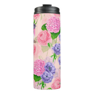Robin and flowers, watercolor pattern thermal tumbler