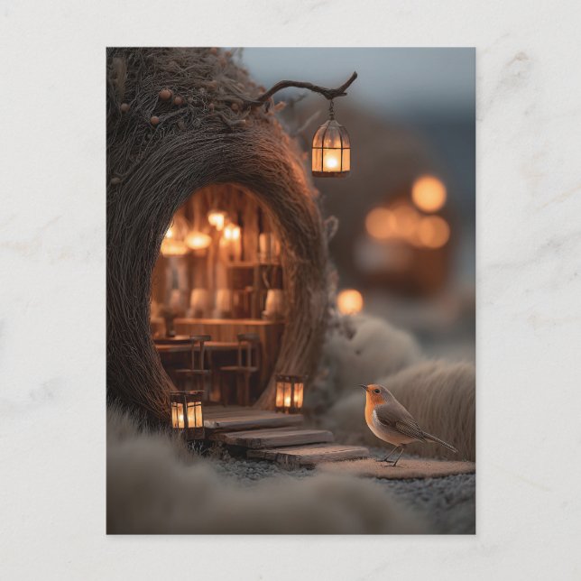 Robin and Glowing Fairy House in a Magical Forest Postcard (Front)