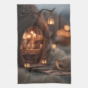 Robin and Glowing Fairy House in a Magical Forest Tea Towel
