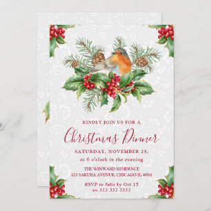 Robin and Holly Berry Christmas Dinner Invitation