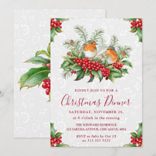 Robin and Holly Berry Christmas Dinner Invitation