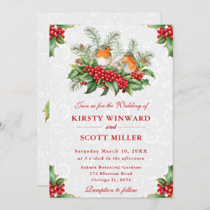 Robin and Holly Berry Christmas Wedding Invitation