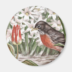 Robin and Red Tulips Spring Flowers Painting Magnet
