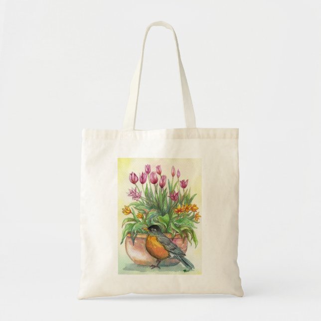 Robin and Tulips Tote Bag (Front)