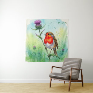 Robin Bird and Thistle Flower Botanical Watercolor Tapestry