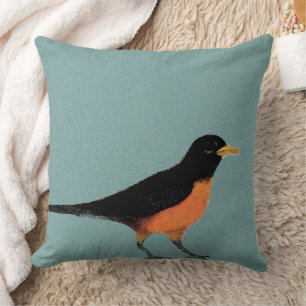 Robin Bird Art on Blue Background Throw Pillow