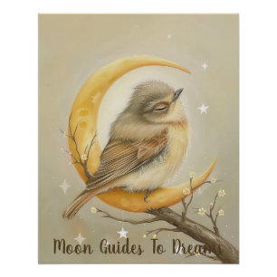 Robin bird baby sleeping on Moon Poster