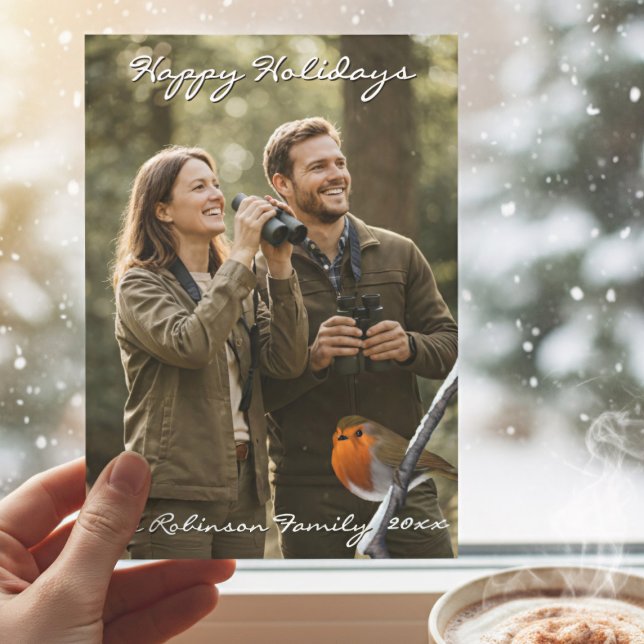 Robin Bird Christmas Holiday Photo Card (Perfect Christmas Photo Card for Bird Watchers. Add your Family Name)