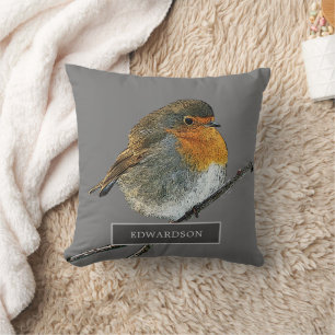 Robin bird family monogram name grey cushion