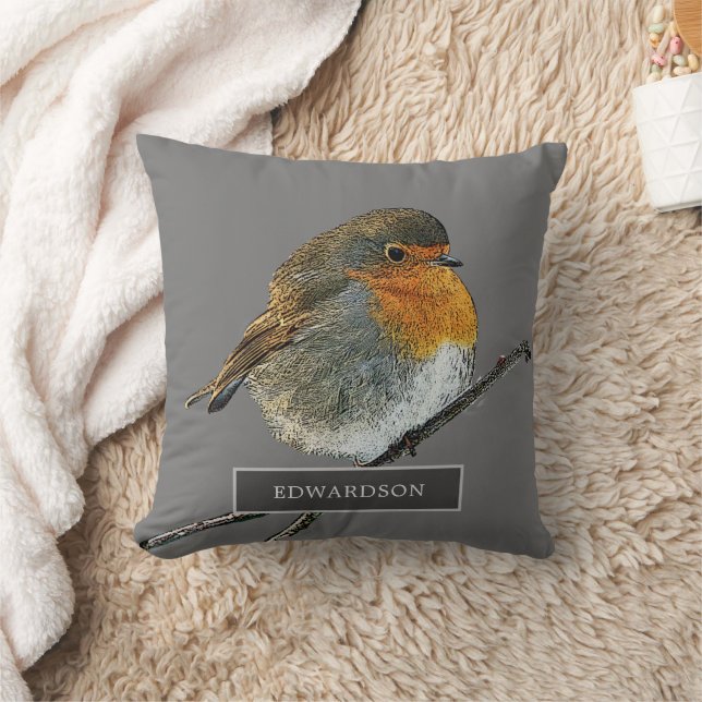 Robin bird family monogram name grey cushion (Blanket)