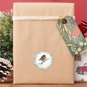 Robin bird family name Merry Christmas holly Classic Round Sticker