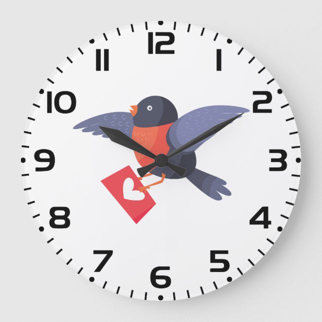 Robin Bird Flying with Red Heart Love Letter Large Clock (Front)