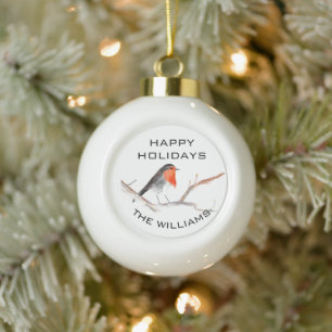 Robin Bird Happy Holidays Festive Winter Cute Ceramic Ball Christmas Ornament