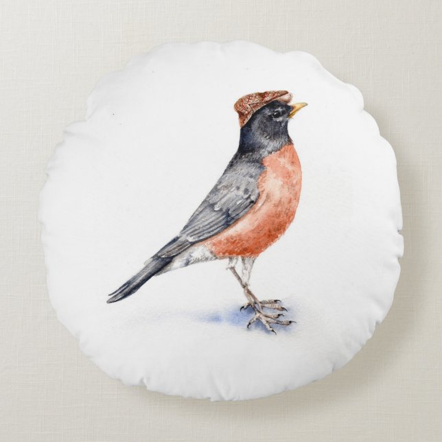 Robin Bird in Hat Round Cushion (Front)
