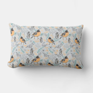 Robin Bird Mama and Baby Summer Brood With Flowers Lumbar Cushion