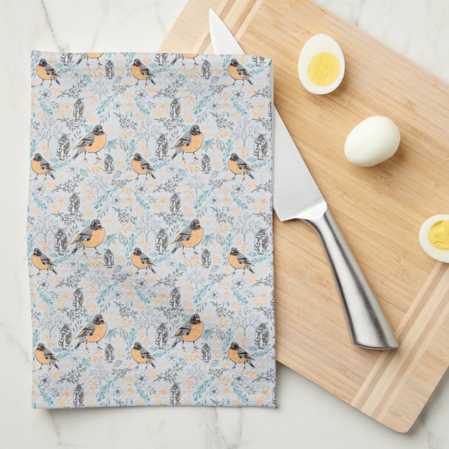 Robin Bird Mama Baby Summer Flowers Tea Towel (Quarter Fold)