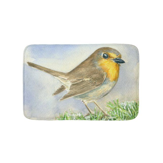 Robin bird on a frosted juniper branch bath mat (Front)