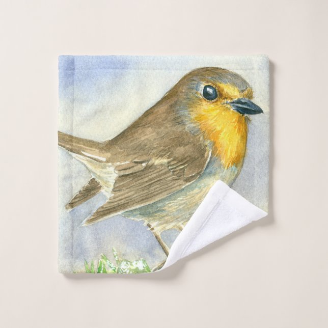 Robin bird on a frosted juniper branch bath towel set (Wash Cloth)